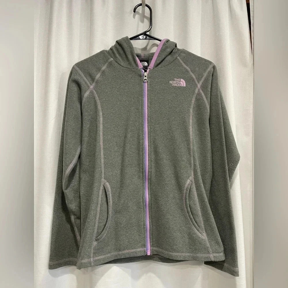 The North Face Girls Large 14-16 Jacket Hoodie Fleece Grey Purple Full Zip GUC